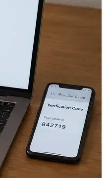 Close-up of a phone displaying a verification code beside a laptop