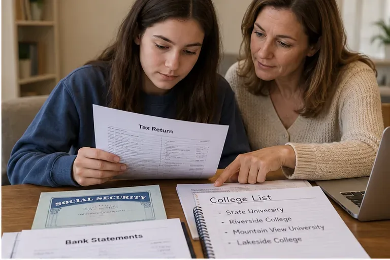 Student and parent reviewing a tax return, bank information, and a handwritten college list at a table