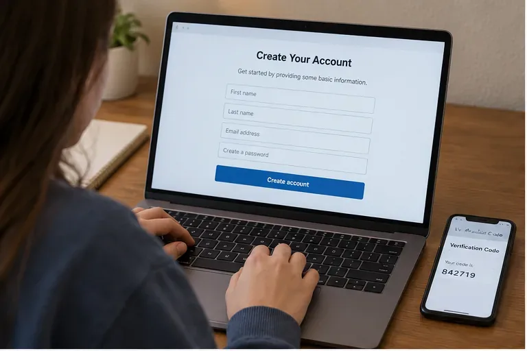 Student at a laptop viewing an account creation screen with a phone beside the computer