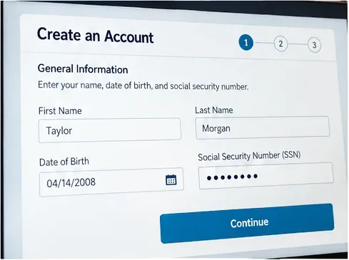 Illustrative account form asking for name, date of birth, and Social Security number
