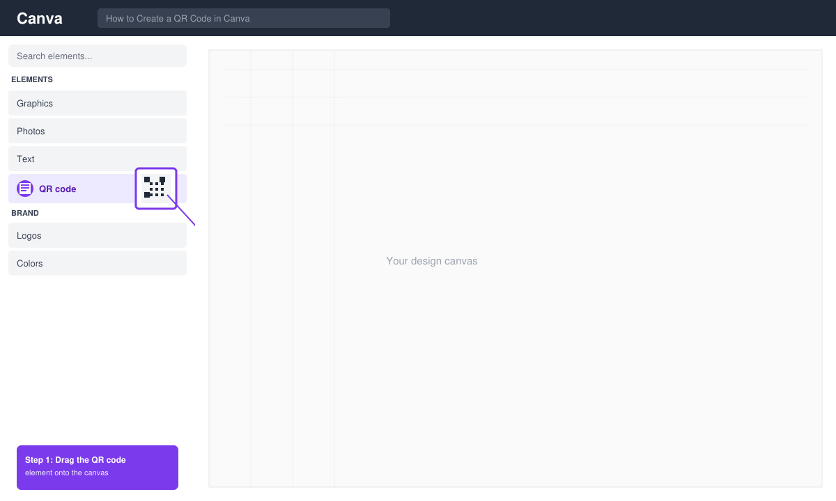 Canva left sidebar with QR code element highlighted