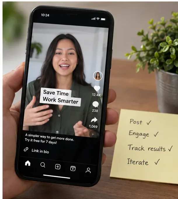 A smartphone showing a published vertical video beside a handwritten note that says Post, Engage, Track results, and Iterate