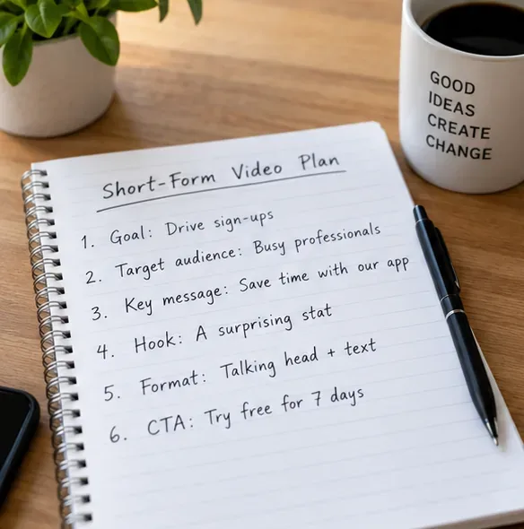 A notebook labeled Short-Form Video Plan listing a conversion goal, target audience, key message, hook, format, and call to action beside a coffee mug and pen