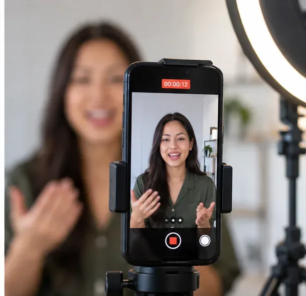 A creator recording a vertical talking-head video on a smartphone mounted on a tripod with a ring light visible at the side