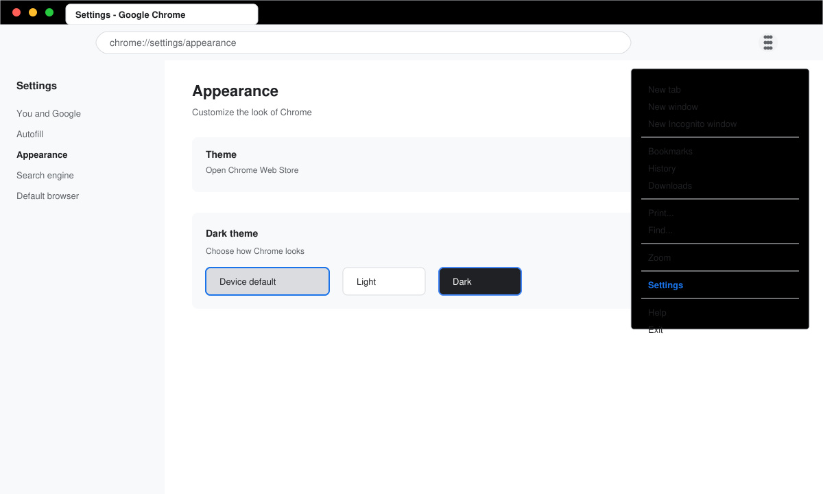 Screenshot of Chrome settings menu open with Appearance section highlighted