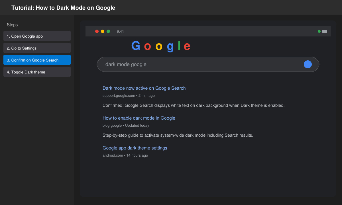 Mobile phone showing Google Search results page fully rendered in dark mode