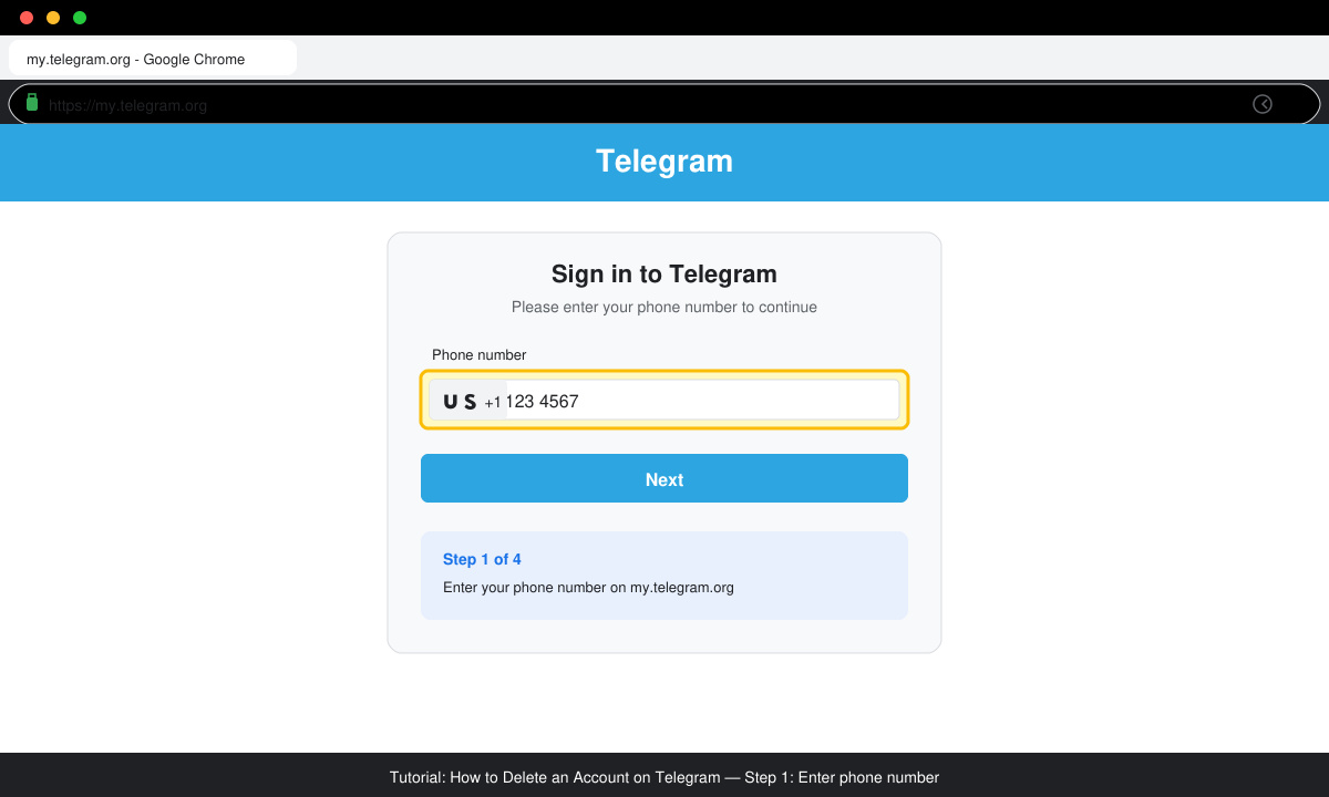 Close-up of a browser window on my.telegram.org with the phone number entry field highlighted