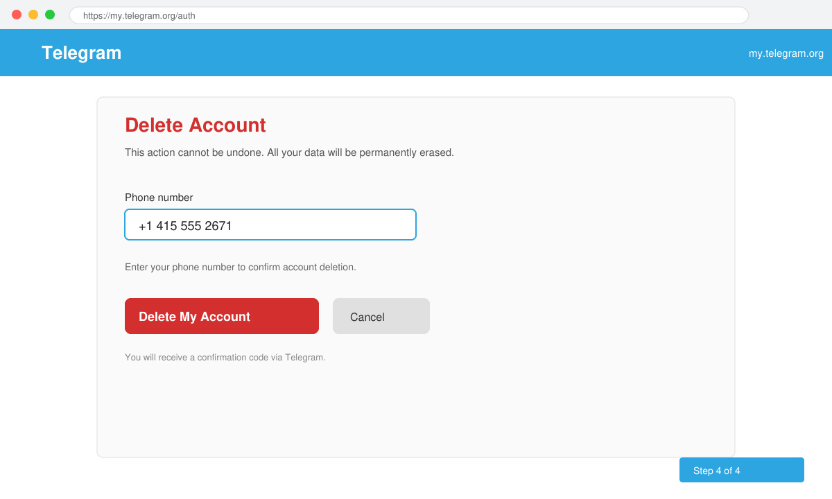 Screenshot of the deletion confirmation screen on my.telegram.org with the phone number field and Delete My Account button visible