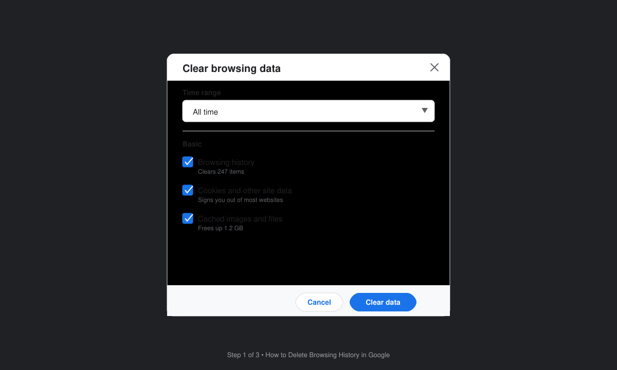 Clear browsing data dialog box open in Google Chrome with time range options visible