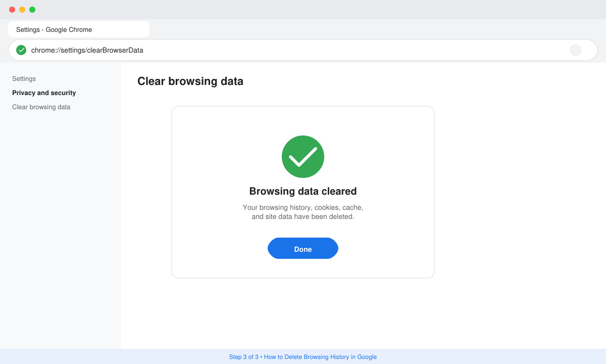 Confirmation screen after clearing browsing history in Google Chrome