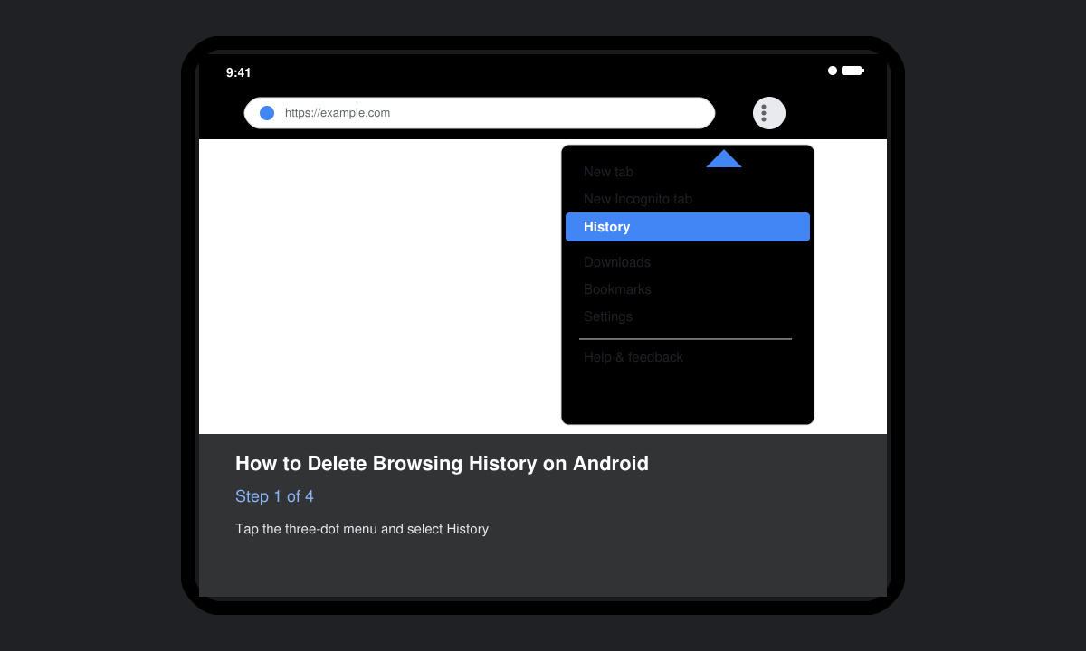 Close-up of Chrome browser interface on Android showing the three-dot menu expanded with History option visible