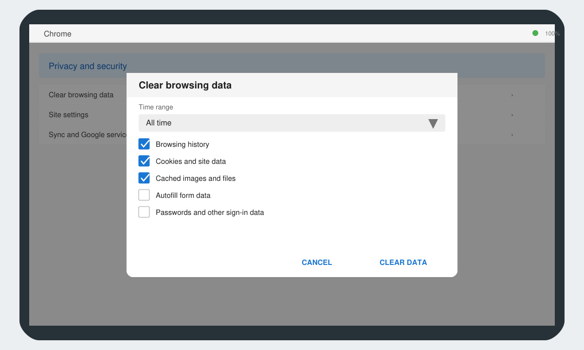 Android Chrome clear browsing data dialog with checkboxes selected and Clear data button highlighted
