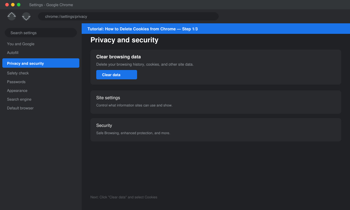 Chrome Settings page with Privacy and security section visible in the left sidebar
