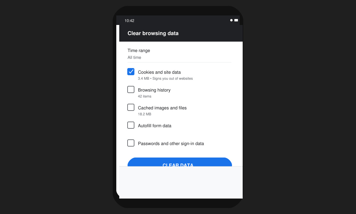 Mobile Chrome app showing the Clear browsing data confirmation screen