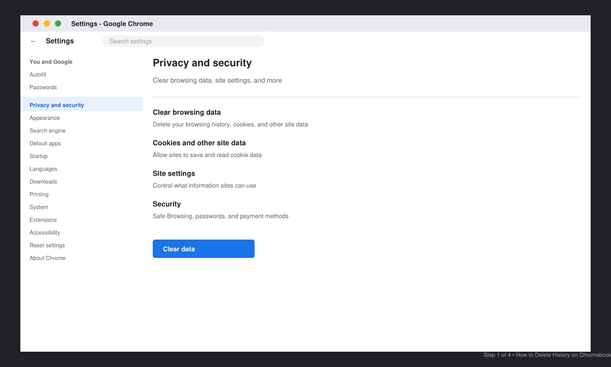 Close-up of Chrome browser three-dot menu with Settings highlighted on a Chromebook