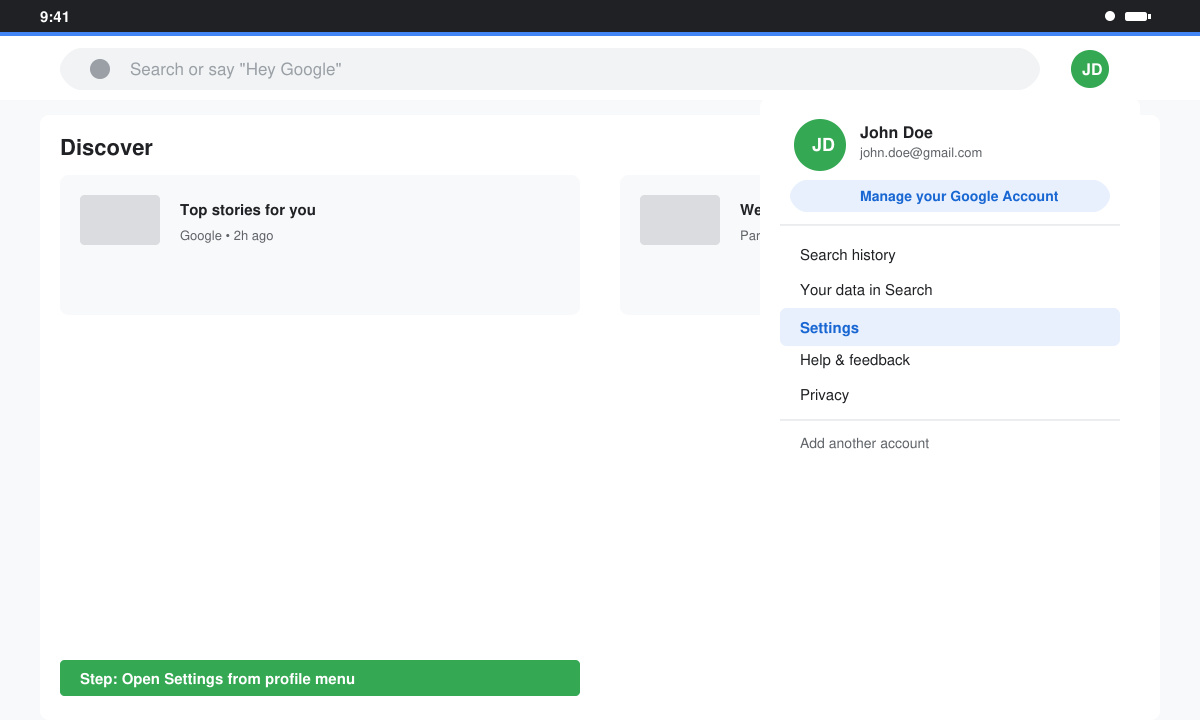 Screenshot of Google app profile menu open on Android with the Settings option visible