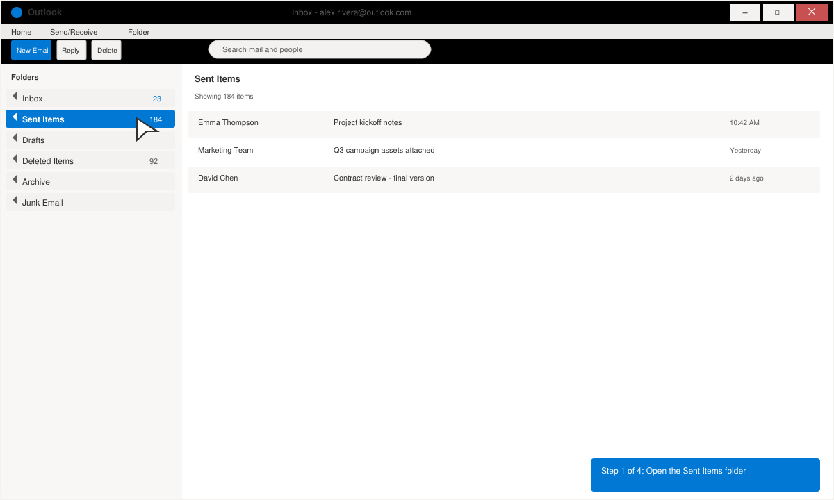 Screenshot of Outlook desktop with the cursor clicking the Sent Items folder in the navigation pane
