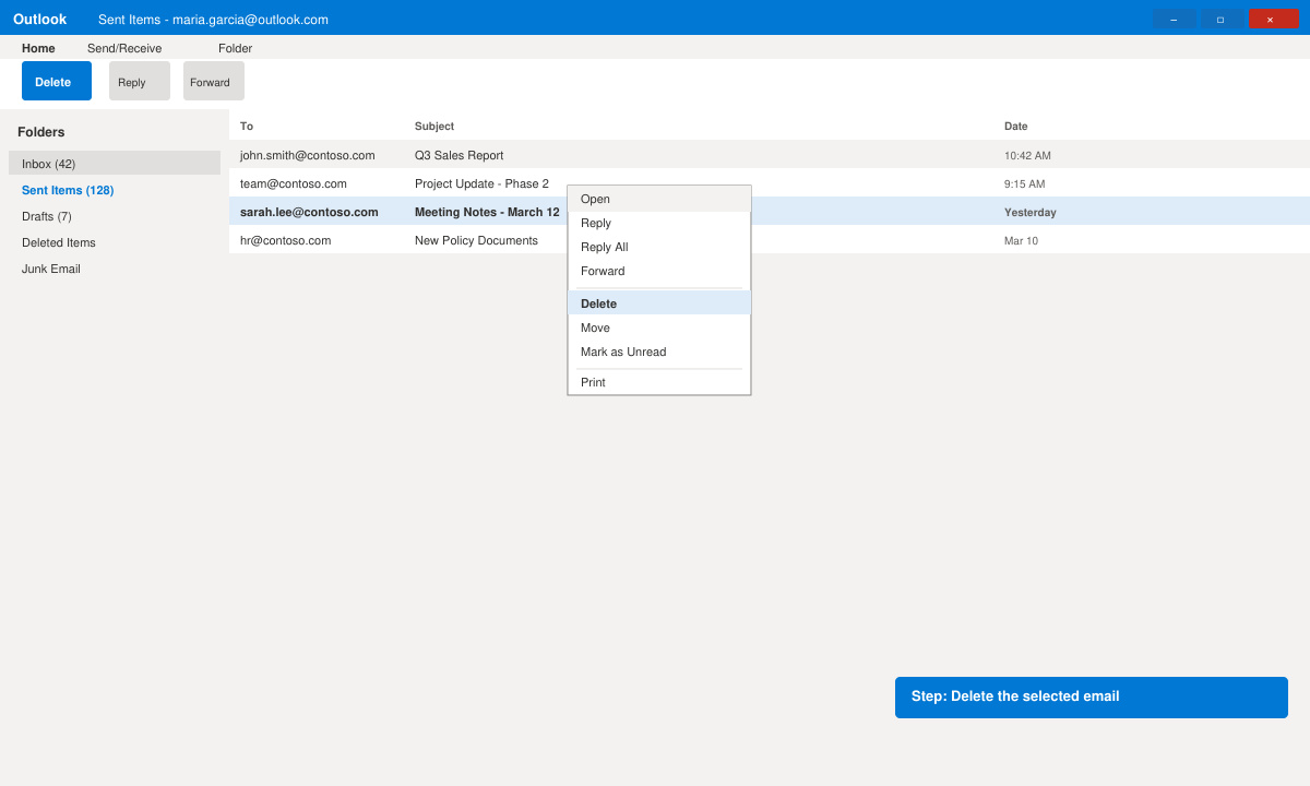 Outlook window showing the right-click menu with the Delete option highlighted on a selected sent email