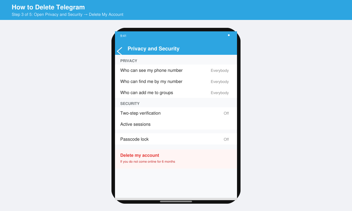 Close-up of Telegram mobile app showing the path from menu to Privacy and Security section