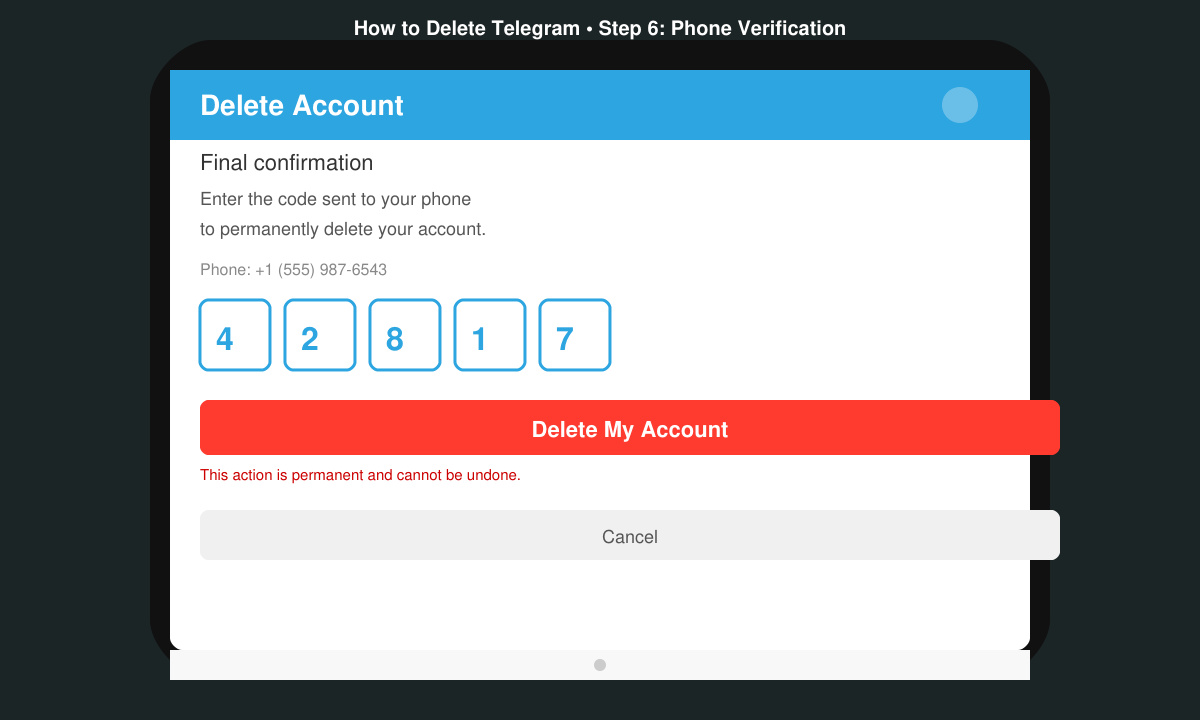 Confirmation screen in Telegram app during account deletion process with phone number entry field