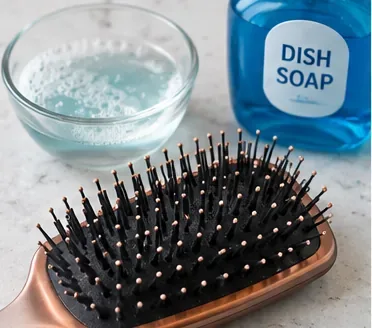 A bowl of warm sudsy water and a bottle labeled dish soap beside a paddle hairbrush