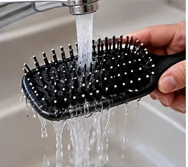A black paddle hairbrush being rinsed under a stream of clean water