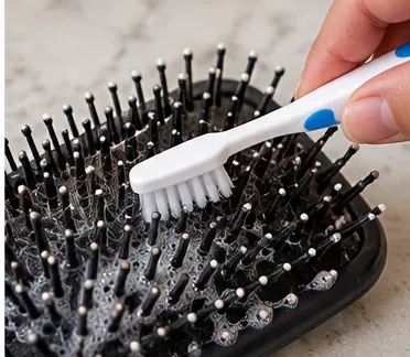 A soft toothbrush scrubbing between the bristles of a black paddle hairbrush