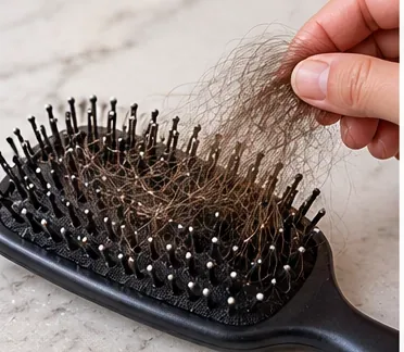 A hand lifting tangled hair out of a black paddle hairbrush before cleaning