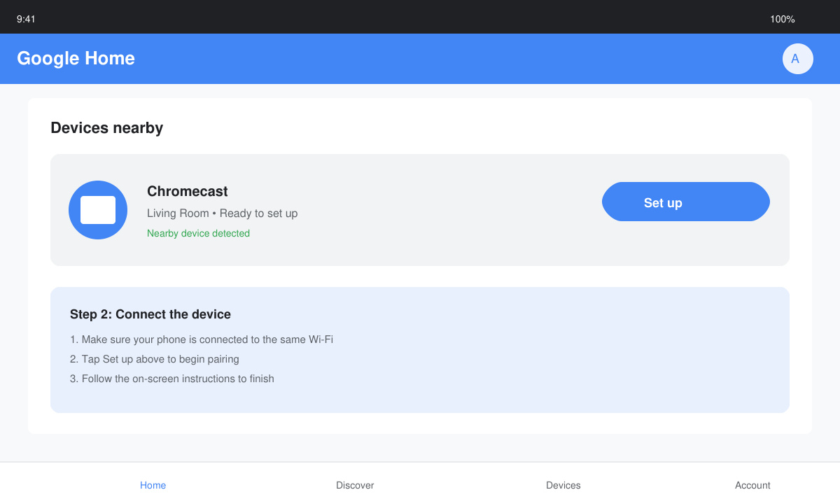Google Home app screen showing Chromecast device detection