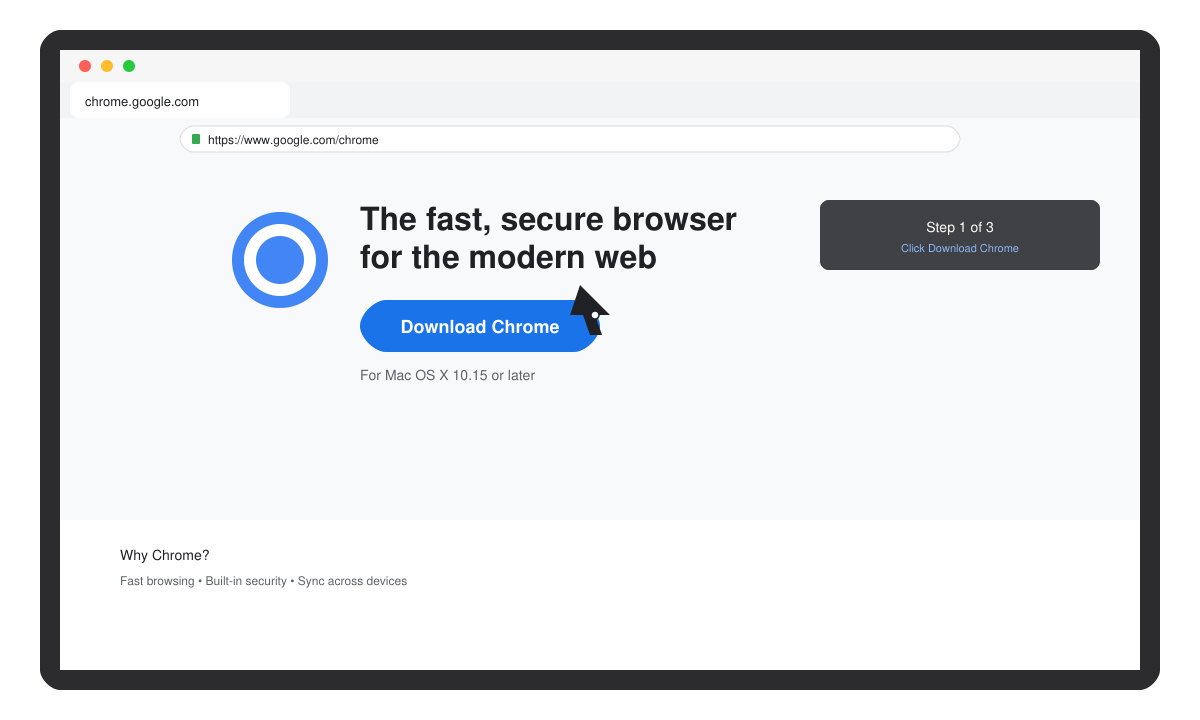 MacBook screen highlighting the Download Chrome button on the official Google page