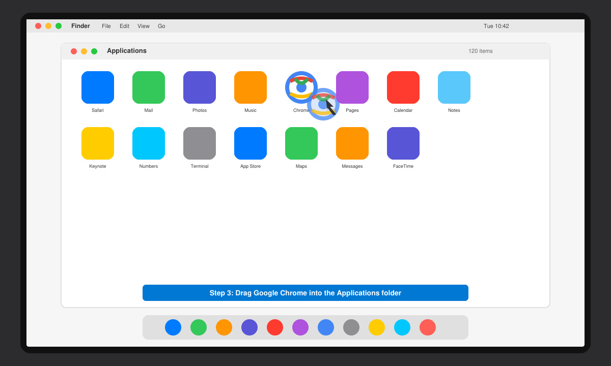 MacBook Applications folder with Chrome icon being dragged or launched
