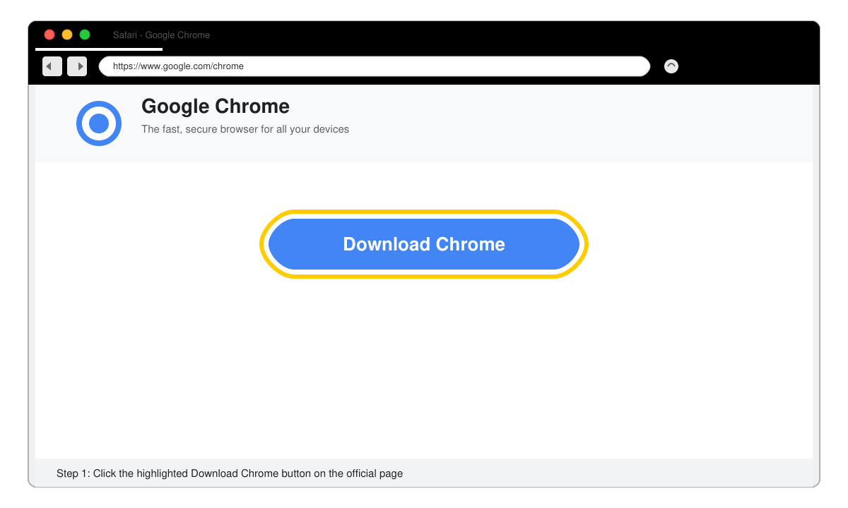 Close-up of the Google Chrome download button highlighted on the official webpage viewed in Safari on a Mac