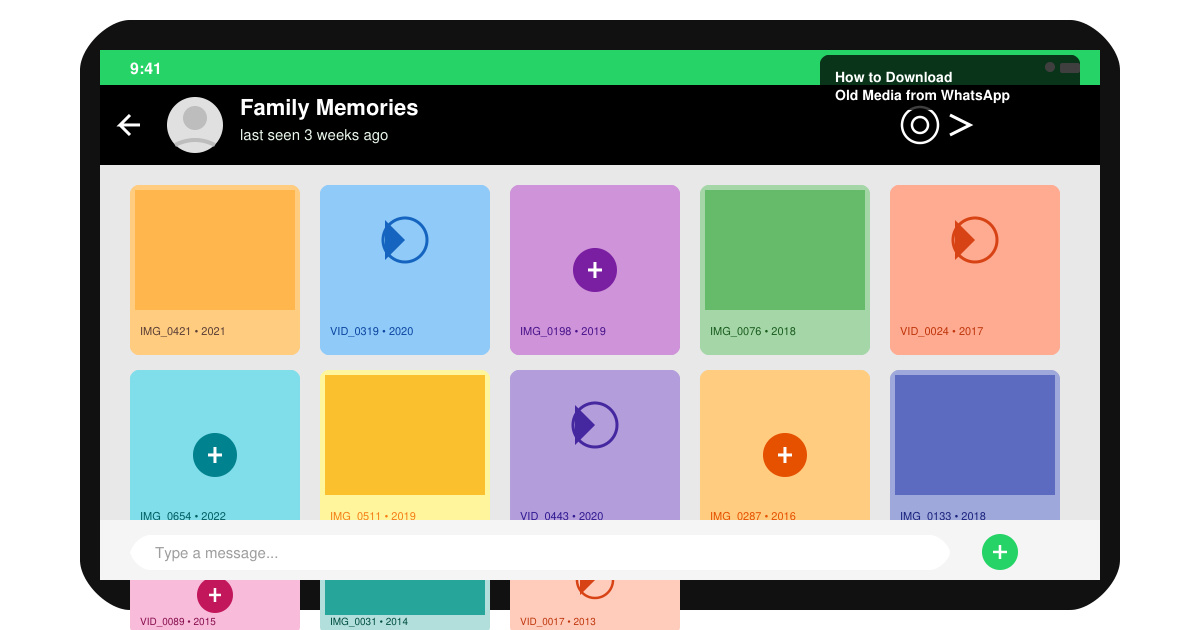 Overview of WhatsApp chat showing old media files ready for download