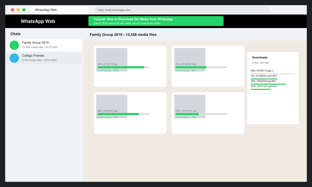 WhatsApp Web screen displaying downloaded old media files
