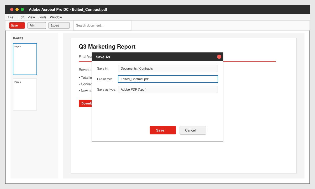 Final edited PDF page showing updated text and a replaced image with the Save dialog open