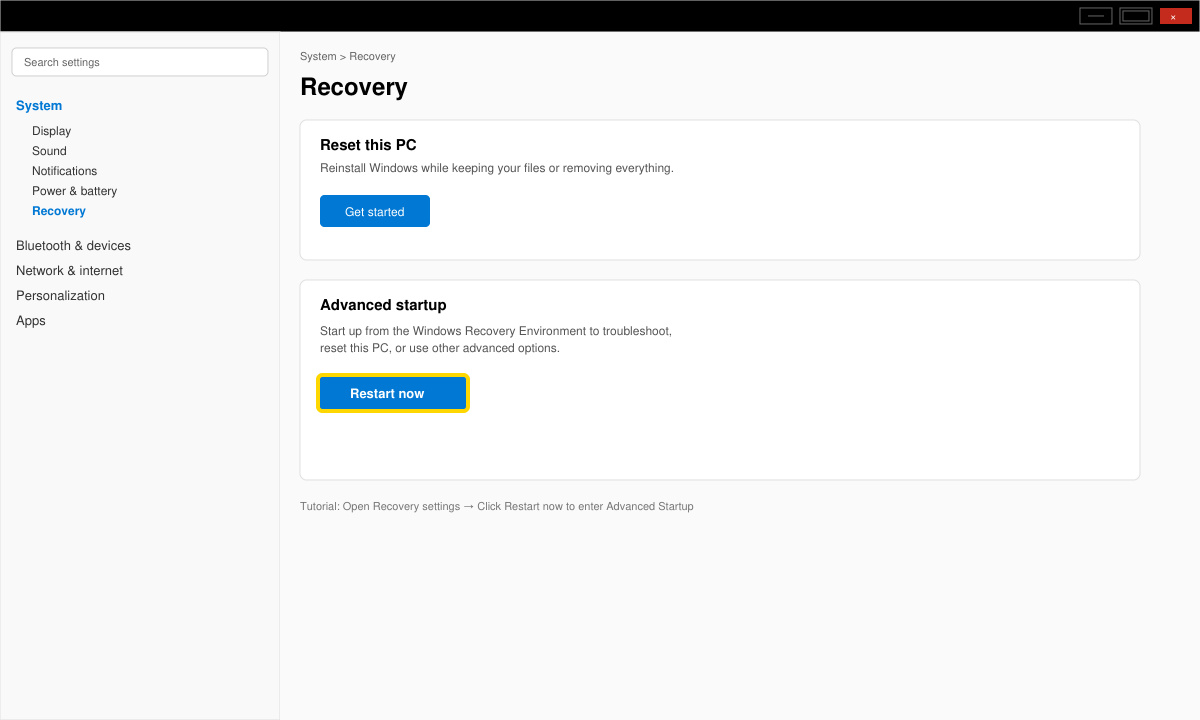 Screenshot of Windows 11 Settings Recovery page with the Restart now button highlighted
