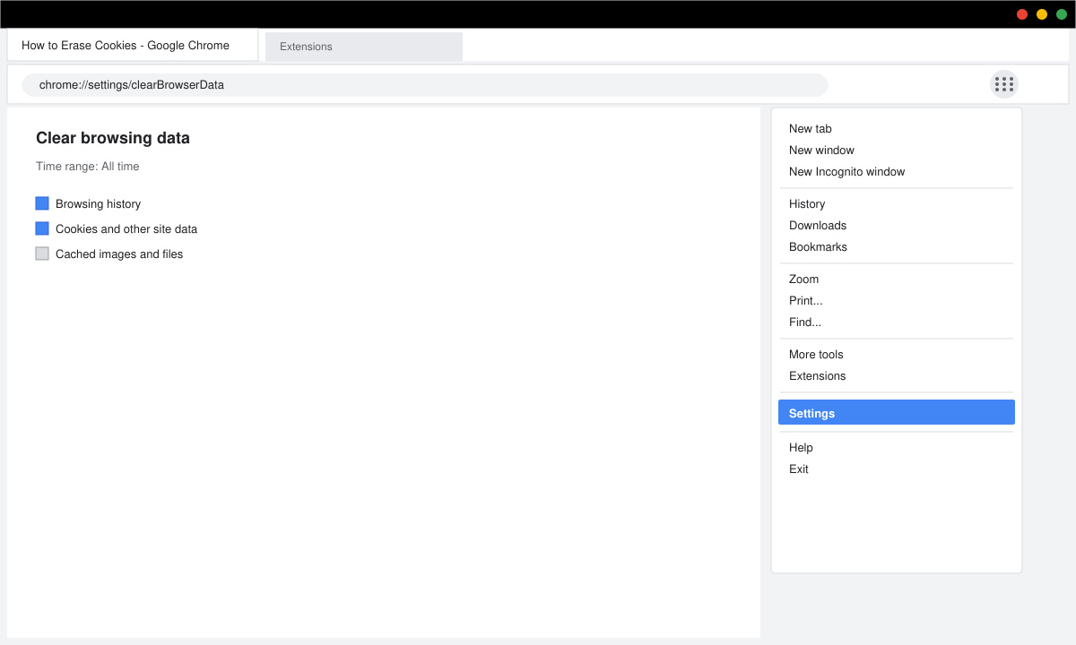 Close-up of Chrome three-dot menu expanded with Settings highlighted