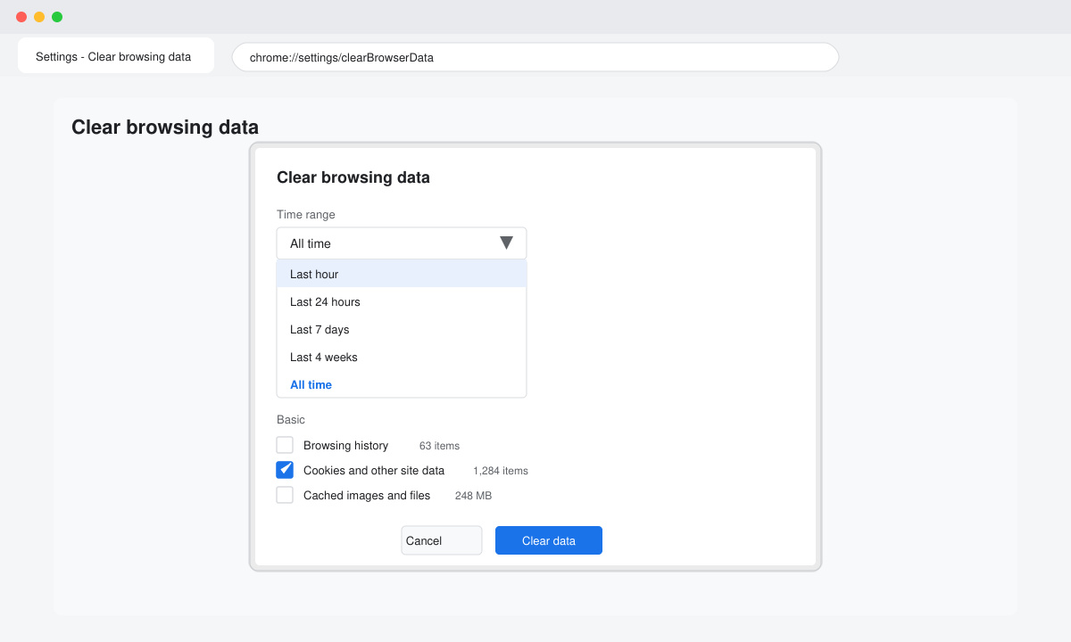 Clear browsing data window with Cookies and other site data box checked and Time range set to All time