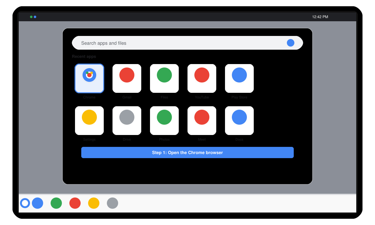 Close-up of Chromebook shelf and Launcher menu with the Chrome icon highlighted