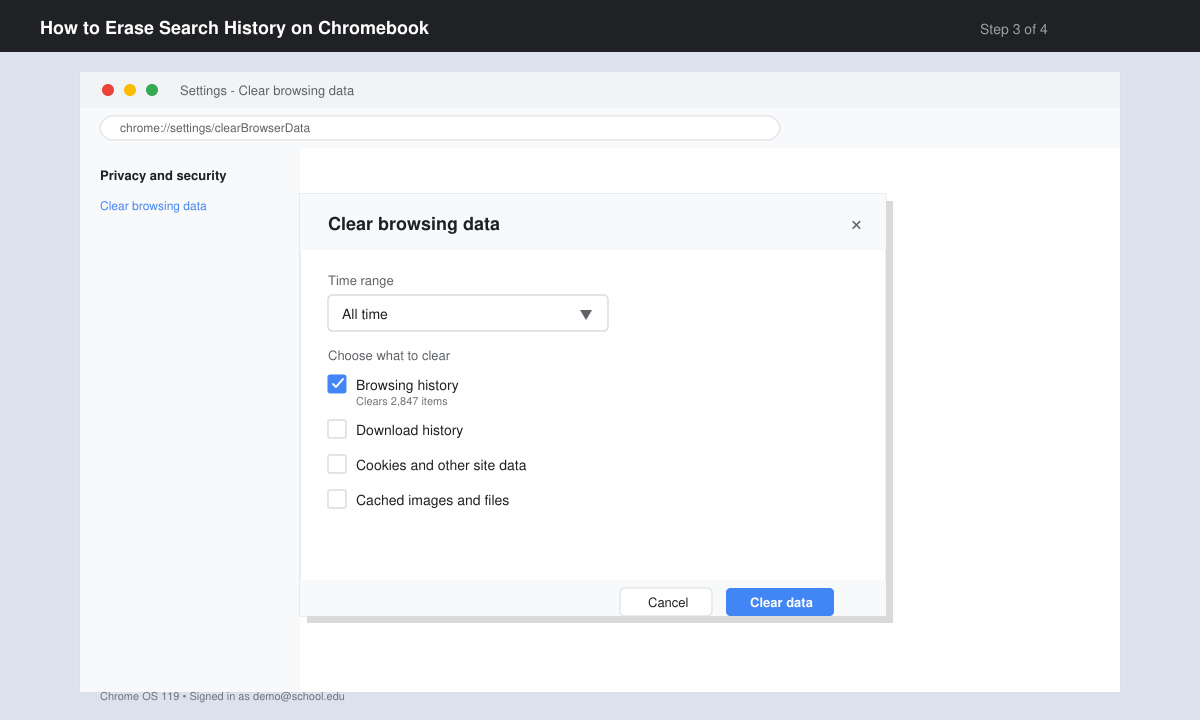 Screenshot of the Clear browsing data dialog box on a Chromebook with the Time range dropdown open