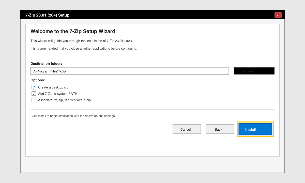 7-Zip installer window with the install button highlighted and default options selected