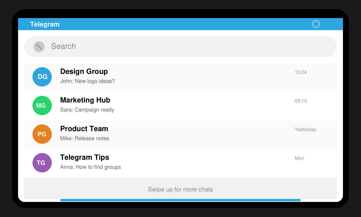 Telegram app search bar highlighted for finding groups