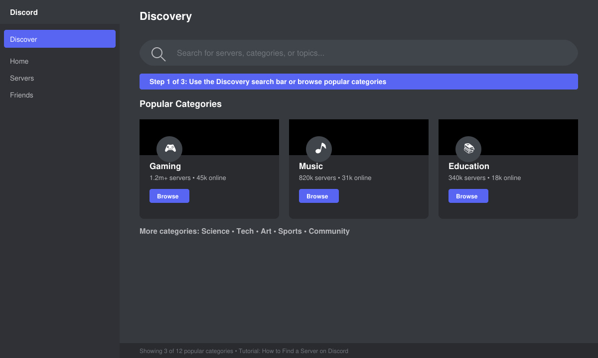 Close-up of the Discord Discovery screen with the search bar at the top and popular category cards such as Gaming, Music, and Education visible below.