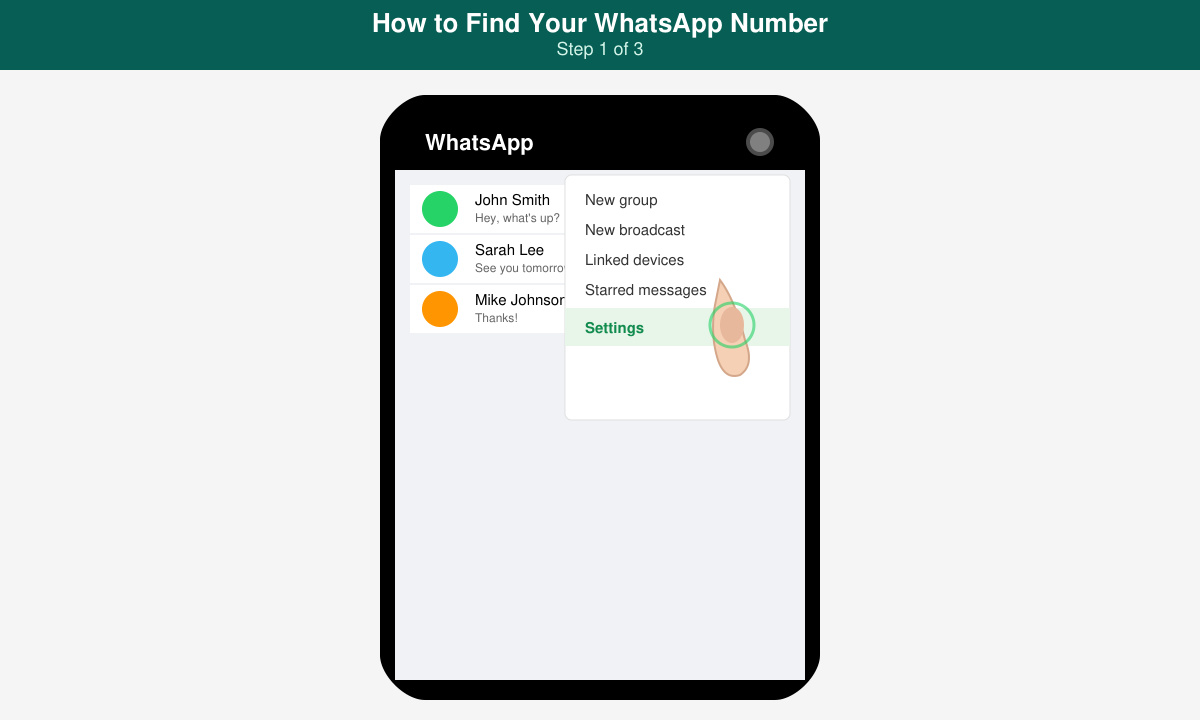 WhatsApp mobile menu with Settings highlighted