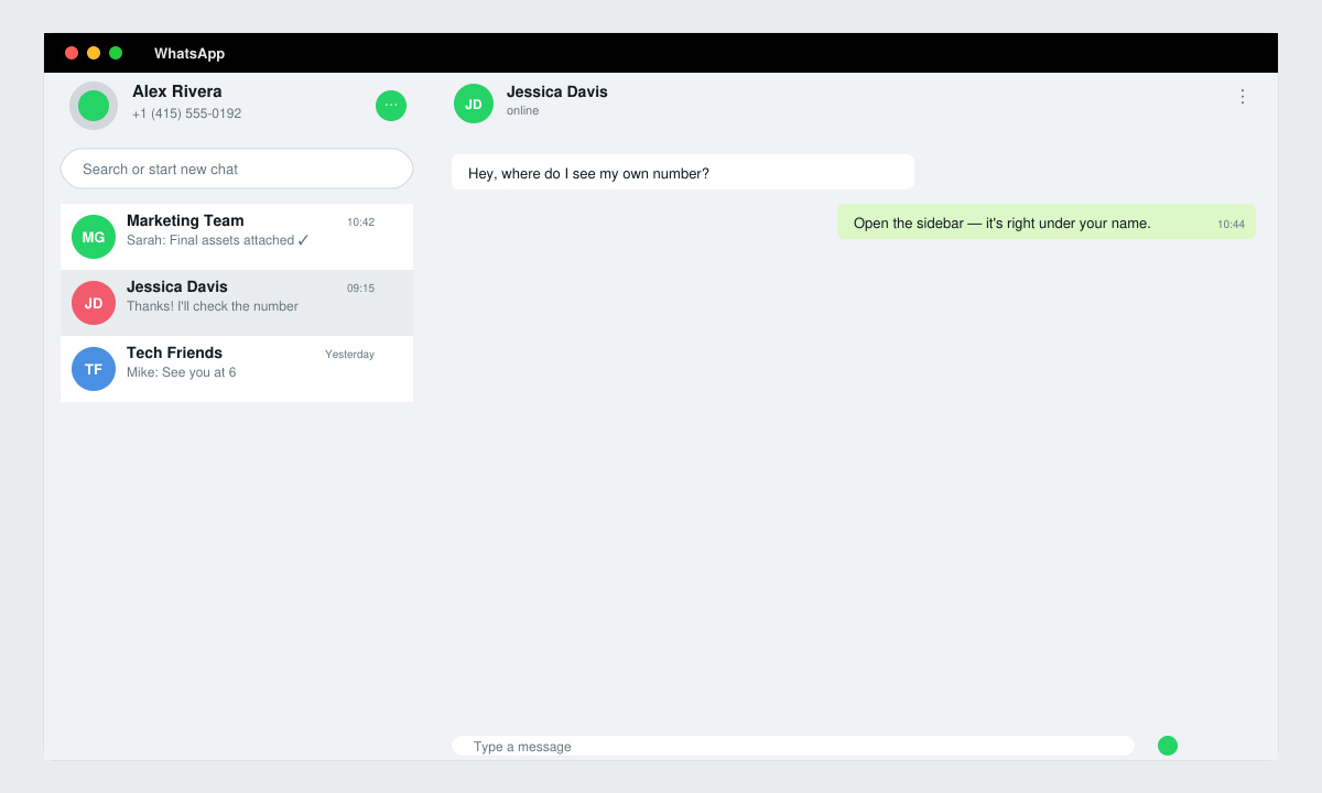WhatsApp desktop profile panel displaying the phone number