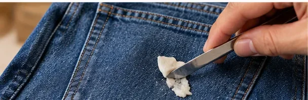 A dull table knife gently lifting hardened chewing gum from the surface of blue denim