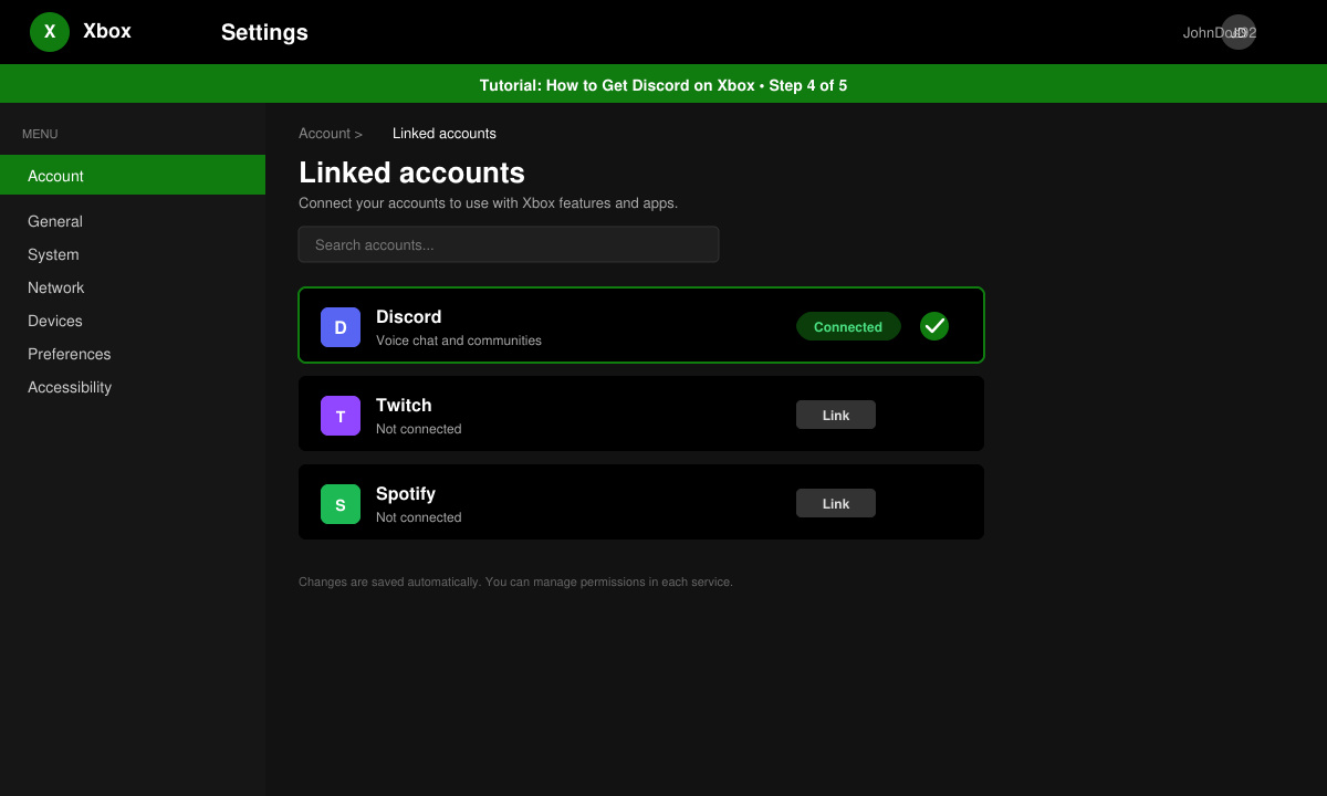 Xbox settings screen showing successful Discord connection