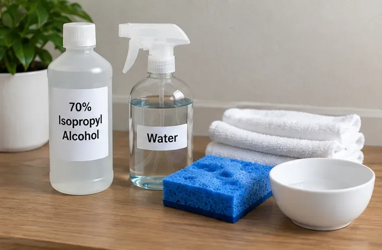 Cleaning supplies for dry-erase marker on a wall, including 70 percent isopropyl alcohol, water, white microfiber cloths, a soft blue sponge, and a small bowl