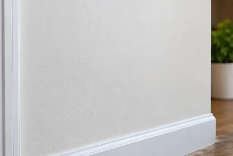 A clean light textured painted wall above white baseboard trim after the marker marks have been removed