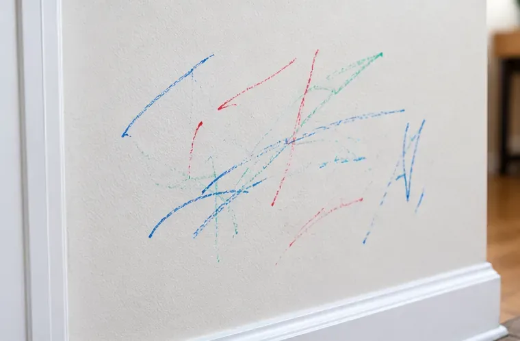 Blue, red, and teal dry-erase marker scribbles on a light textured painted wall above white baseboard trim